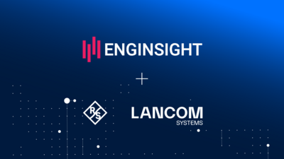 Logos von Enginsight und LANCOM Systems als Partner im LANCOM IT Security Ecosystem auf blauem Hintergrund.