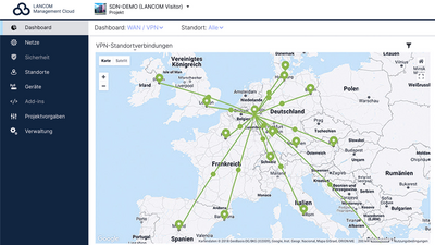 Einblick auf das Dashboard der LMC. Zu sehen ist ein Ausschnitt der Weltkarte mit Fokus auf Europa und die verschiedenen VPN-Standortverbindungen in die Welt.