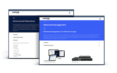Zwei PC-Bildschirme mit Netzwerklösung Use Cases in der LANCOM PWA-App "LANCOM InfoHub"