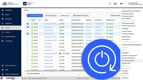 Abbildung Screen mit Menü der Ereignisplanung sowie blaues Icon für Geräte-Neustart