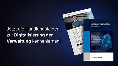 Werbebanner für die LANCOM und Behörden Spiegel Studie „Quo Vadis – Digitalisierung der Verwaltung in den ostdeutschen Bundesländern“: Dunkelblauer Hintergrund mit dem Coverbild der Studie (Deutschlandkarte, auf welcher Ostdeutschland durch hellblaue Datenpunkte hervorgehoben wird) sowie einer Auszug-Seite rechts und einem weißen Schriftzug links: "Jetzt die Handlungsfelder zur Digitalisierung der Verwaltung kennenlernen!"
