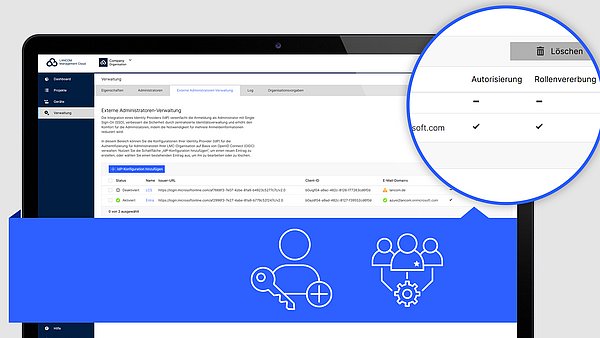Abbildung Screen mit LMC Benutzeroberfläche, zwei Icons symbolisieren die  Rollenzuweisung und Authentifizierung 