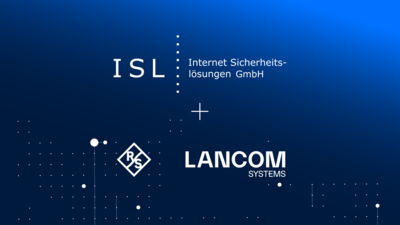 Logos von ISL und LANCOM Systems als Partner im LANCOM IT Security Ecosystem auf blauem Hintergrund.