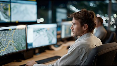 Foto: Person sitzt vor mehreren Monitoren mit Karten- und Systemansichten in einer Kontroll- oder Leitstelle.