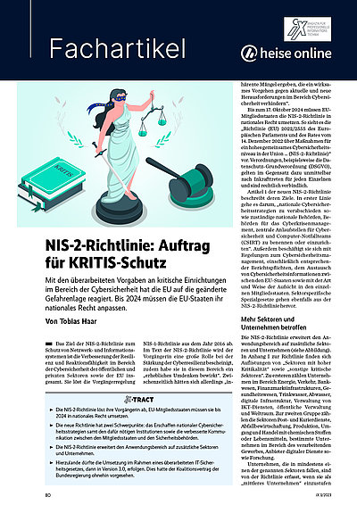Vorschaubild für rechtlichen Fachartikel "NIS-2-Richtlinie: Auftrag für KRITIS-Schutz" (iX-Magazin 03/23, Seiten 80-83) von Tobias Haar