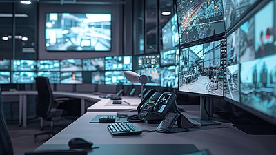 Foto: Moderne Leitstelle mit zahlreichen Monitoren zur Videoüberwachung und Fernwartung technischer Anlagen und Sicherheitsbereiche.