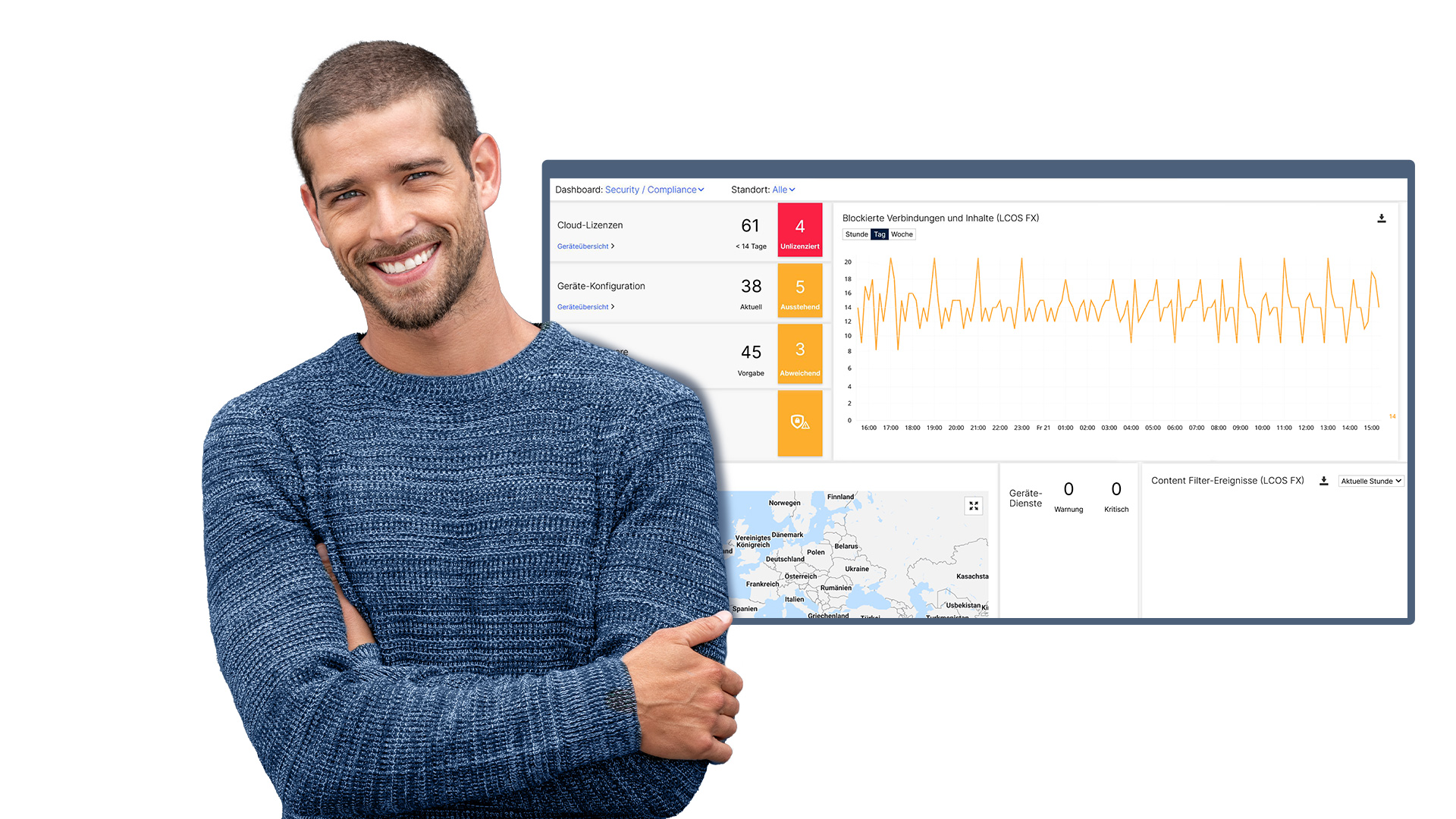 Mann mit fröhlichem Gesichtsausdruck und verschränkten Armen vor einem Screenshot des Security/Compliance-Dashboards