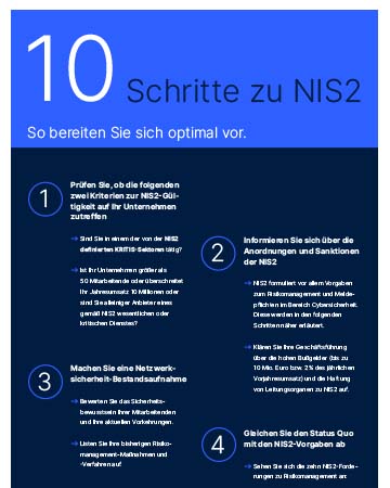 Ausschnitt der PDF "LANCOM Leitfaden: In zehn Schritten zur NIS2-Konformität" mit hilfreichen Tipps, wie Unternehmen sich jetzt optimal auf die NIS2-Forderungen vorbereiten können