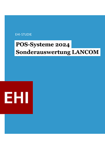 Blaues Coverbild der LANCOM Sonderauswertung zu IT-Infrastrukturen im Retail aus der EHI POS-Systeme 2024 mit EHI-Logo