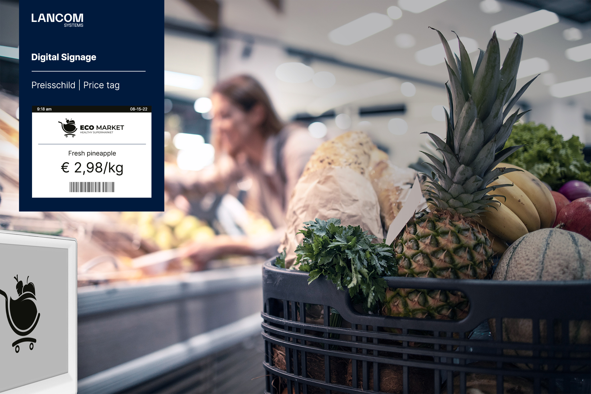 Moderner Supermarkt mit digitalem Preisschild an Gemüseregal inklusive Echtzeit-Preis und Barcode
