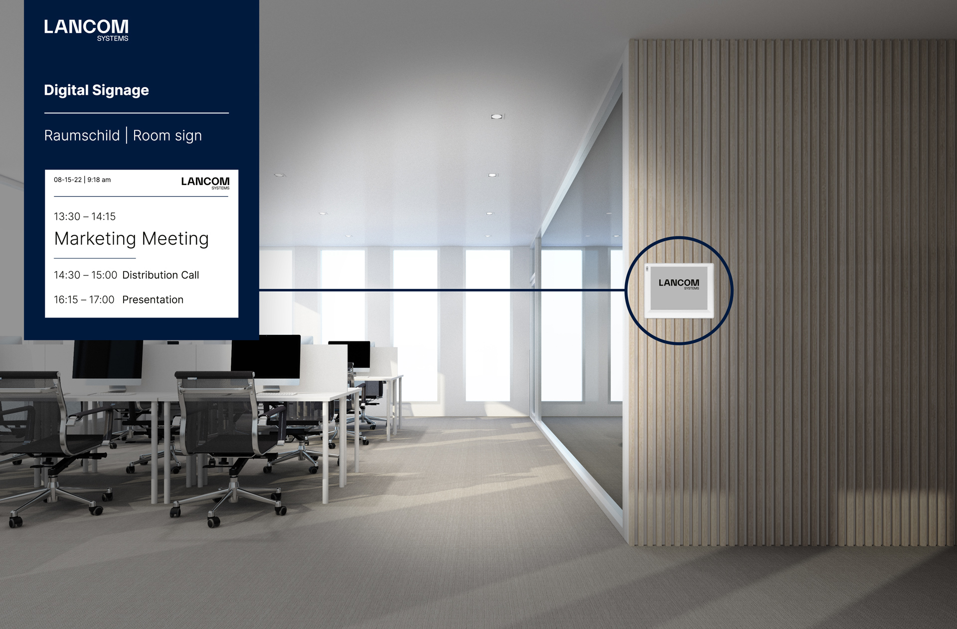 Moderner Meetingraum mit digitalem Türschild inklusive Informationen zu Meetingdauer, -zweck und Folgemeetings